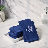 Set of 4 Navy Blue Monogrammed Towel - White Embroidered - Initial P