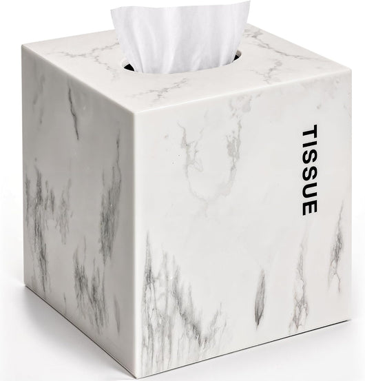 White Tissue Box Cover Square with Marble Look - Bathroom Accessories Decor