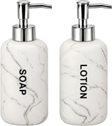 Bathroom Hand Soap and Lotion Dispenser Set White Marble Look With Pumps
