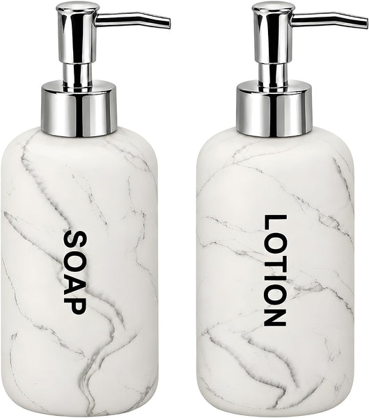 Bathroom Hand Soap and Lotion Dispenser Set White Marble Look With Pumps