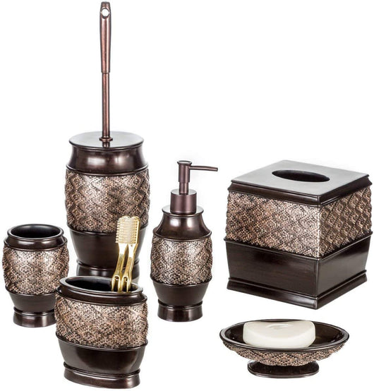 Dublin 6-Piece Bathroom Accessories Set, Includes Decorative Soap Dispenser, Soap Dish, Tumbler, Toothbrush Holder, Tissue Box Cover and Toilet Bowl Brush (Brown)