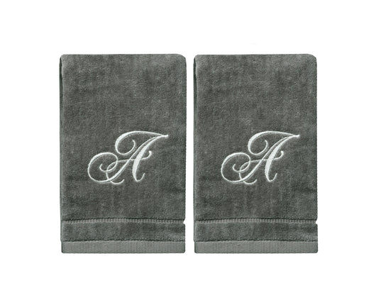 Set of 2 Silver Embroidered Monogrammed Towels - Initial A