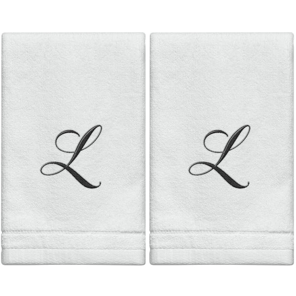 Set of 2 White Monogrammed Towel - Black Embroidered - Initial  L