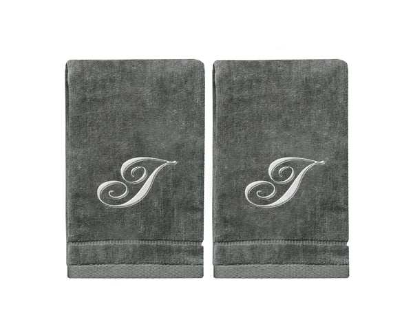 Set of 2 Silver Embroidered Monogrammed Towels - Initial I