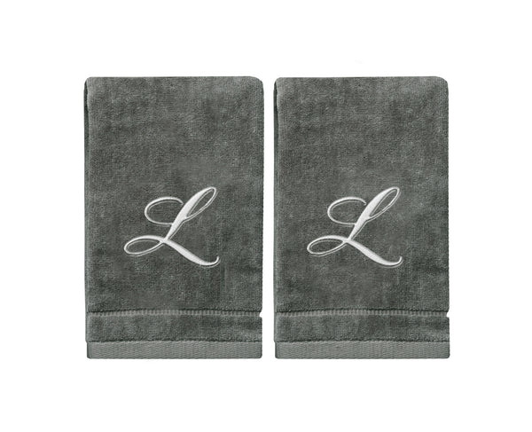 Set of 2 Silver Embroidered Monogrammed Towels - Initial L