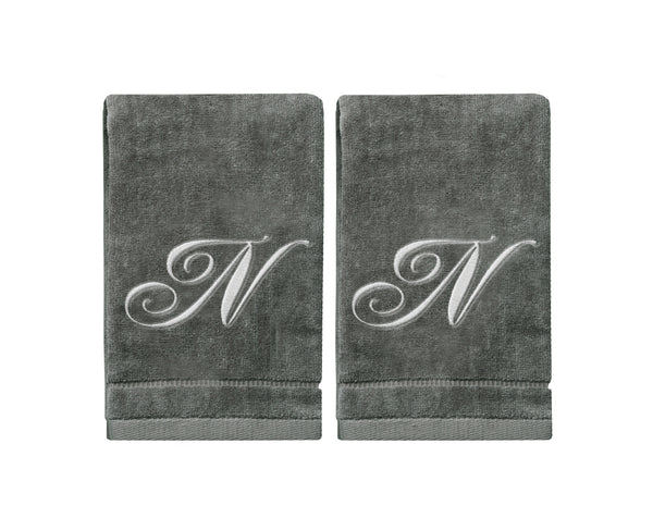 Set of 2 Silver Embroidered Monogrammed Towels - Initial N