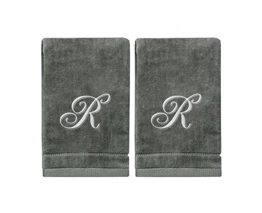 Set of 2 Silver Embroidered Monogrammed Towels - Initial R