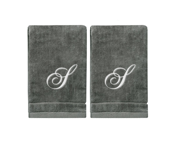 Set of 2 Silver Embroidered Monogrammed Towels - Initial S