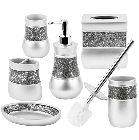 Creative Scents Silver Bathroom Accessories Set - Mosaic Glass 6 Piece Bathroom Set Includes: Toilet Brush and Holder Set, Tissue Box Cover, Toothbrus