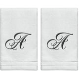 Set of 2 White Monogrammed Towel - Black Embroidered - Initial  A