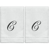 Set of 2 White Monogrammed Towel - Black Embroidered - Initial  C