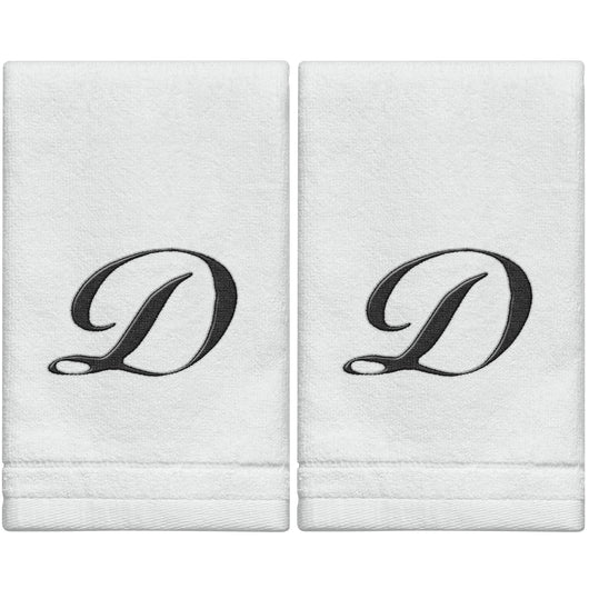 Set of 2 White Monogrammed Towel - Black Embroidered - Initial  D