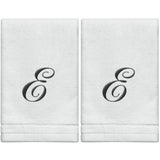 Set of 2 White Monogrammed Towel - Black Embroidered - Initial  E