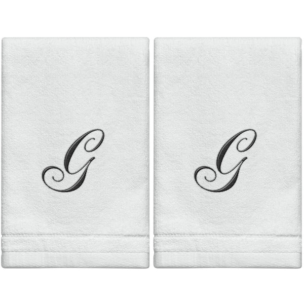 Set of 2 White Monogrammed Towel - Black Embroidered - Initial  G