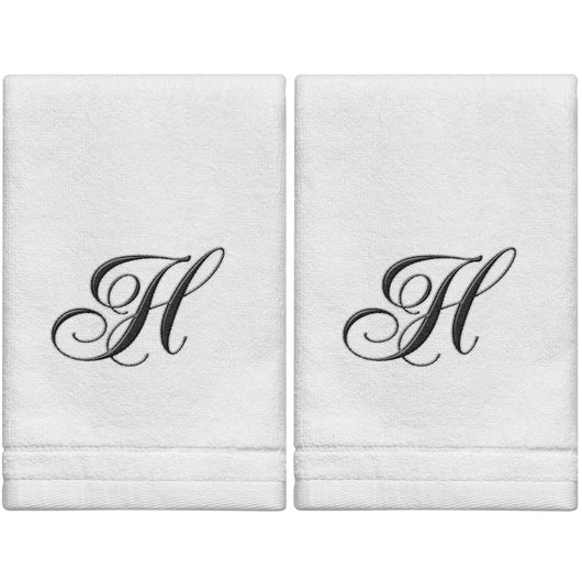 Set of 2 White Monogrammed Towel - Black Embroidered - Initial  H