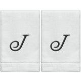 Set of 2 White Monogrammed Towel - Black Embroidered - Initial  J
