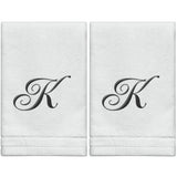 Set of 2 White Monogrammed Towel - Black Embroidered - Initial  K