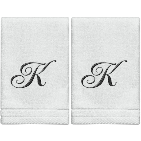 Set of 2 White Monogrammed Towel - Black Embroidered - Initial  K
