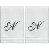 Set of 2 White Monogrammed Towel - Black Embroidered - Initial  N