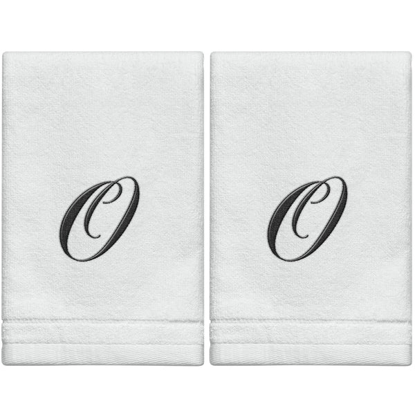 Set of 2 White Monogrammed Towel - Black Embroidered - Initial  O
