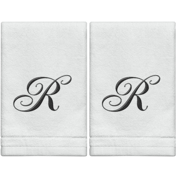 Set of 2 White Monogrammed Towel - Black Embroidered - Initial  R