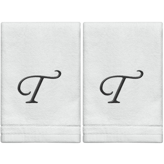 Set of 2 White Monogrammed Towel - Black Embroidered - Initial  T