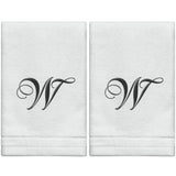 Set of 2 White Monogrammed Towel - Black Embroidered - Initial  W